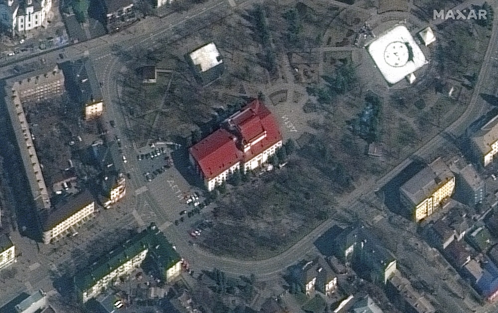 A satellite image shows a closer view of Mariupol Drama Theatre before bombing in Mariupol, Ukraine March 14, 2022. u00e2u20acu2022 Handout via Reuters