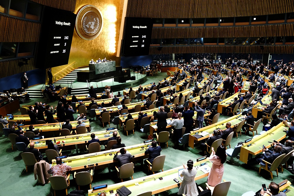 Delegates react as results of the voting are displayed during the 11th emergency special session of the 193-member UN General Assembly on Russia's invasion of Ukraine, in Manhattan, New York March 2, 2022. u00e2u20acu2022 Reuters pic