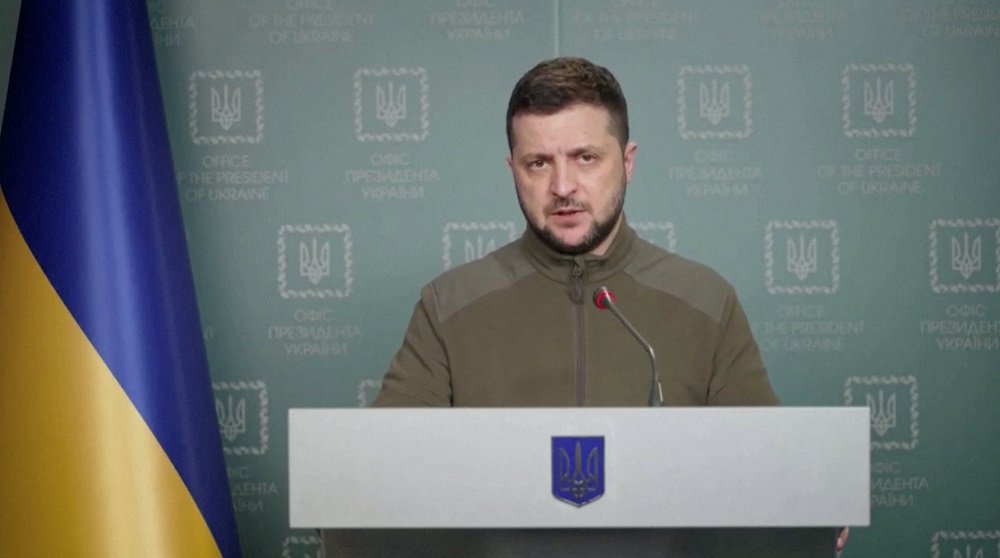 Ukraine's President Volodymyr Zelensky speaks during a video address as Russia's attack on Ukraine continues, in Kyiv, Ukraine March 22, 2022. u00e2u20acu2022 Ukrainian Presidential Press Service/Handout via Reuters