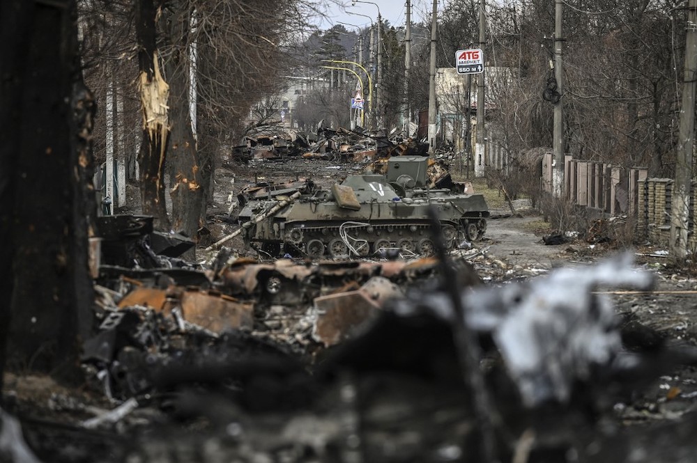 This general view shows destroyed Russian armored vehicles in the city of Bucha, west of Kyiv, on March 4, 2022. u00e2u20acu2022 Reuters picnnnn