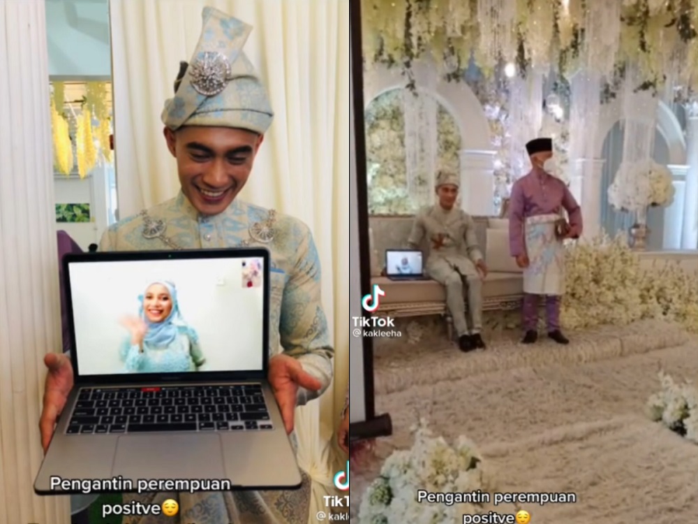 A Malaysian bride attended her wedding reception via video call after she tested positive for Covid-19, just a day before. u00e2u20acu2022 Screenshot from TikTok/Kak Lehaa