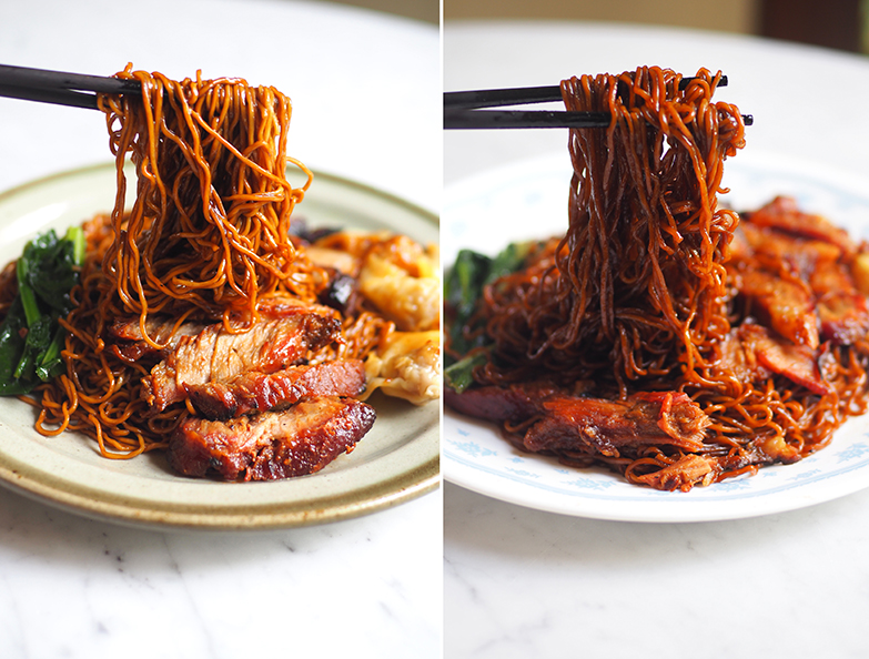 The noodles from the takeaway has a slight 'al dente' bite (left). For the frozen version, the noodles are slightly softer but still good and tasty with their sauce (right).