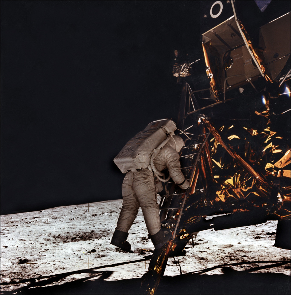 This file photo taken on July 21, 1969 shows the astronaut Edwin E. Aldrin descending the steps of the Apollo XI Lunar Module (LM) to walk on the moon. u00e2u20acu201d Nasa pic via AFP 