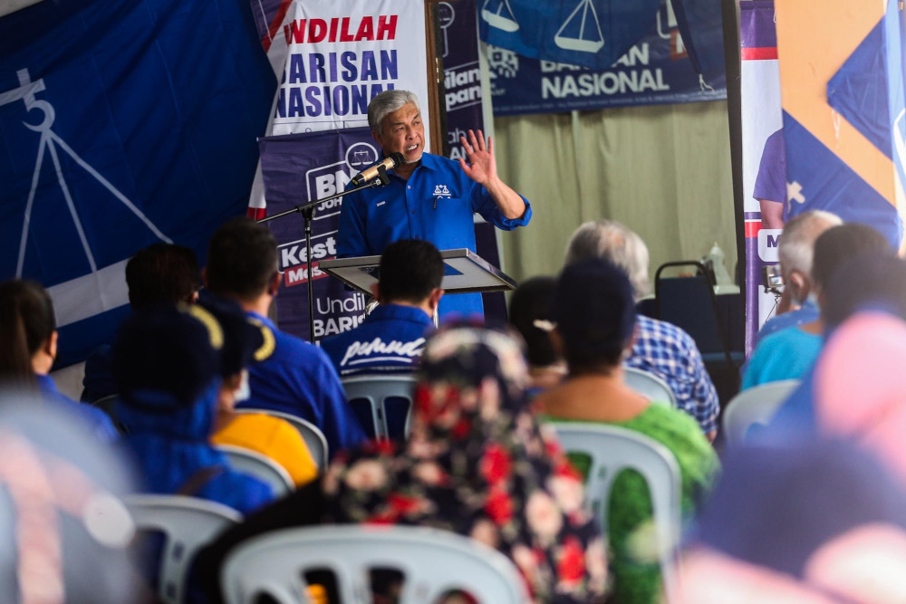 BN chairman Datuk Seri Ahmad Zahid Hamidi speaks during a ceramah in Larkin, Johor Baru March 9, 2022. u00e2u20acu201d Picture by Hari Anggara