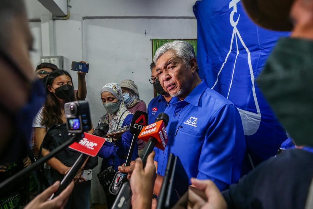 BN chairman Datuk Seri Ahmad Zahid Hamidi speaks at a press conference in Larkin, Johor Baru,  March 9, 2022. u00e2u20acu201d Picture by Hari Anggara