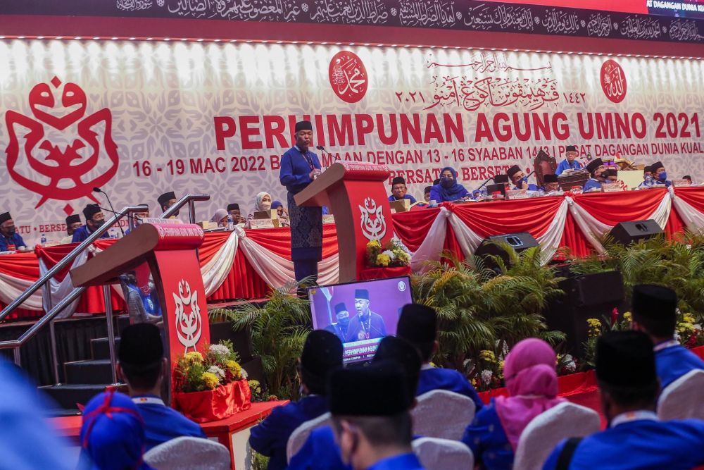 Umno president Datuk Seri Ahmad Zahid Hamidi delivers a speech at the 2021 Umno General Assembly at the World Trade Centre Kuala Lumpur March 19, 2022. u00e2u20acu201d Picture by Hari Anggara