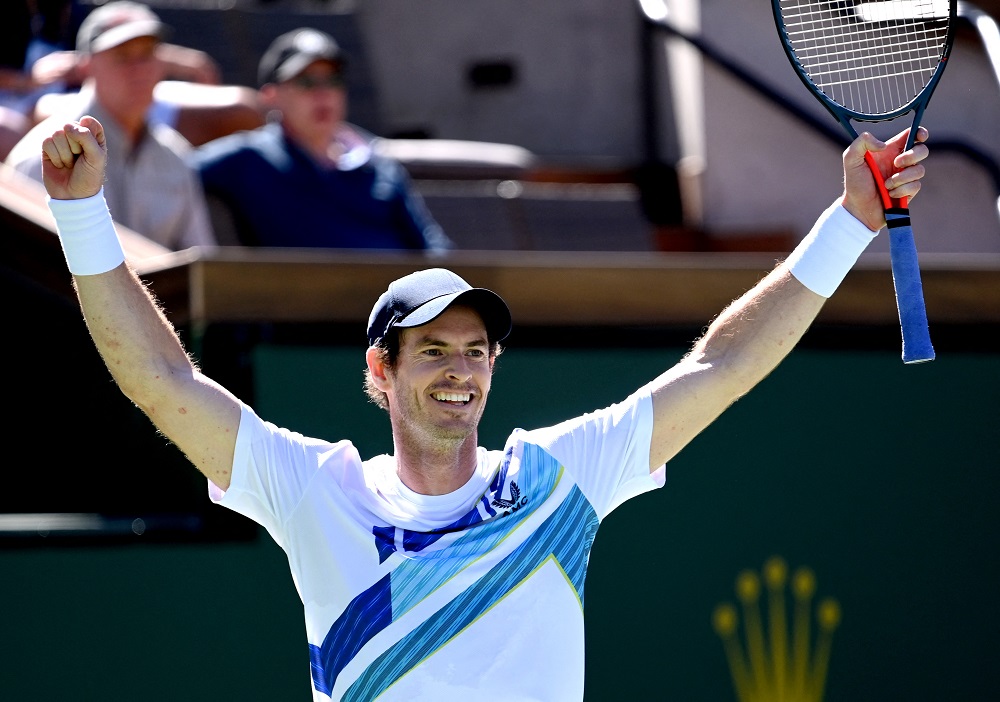Britainu00e2u20acu2122s Andy Murray celebrates after defeating Taro Daniel from Japan for his 700th career match win at the BNP Paribas Open at the Indian Wells Tennis Garden, March 11, 2022. u00e2u20acu2022 Jayne Kamin-Oncea-USA TODAY Sports via Reuters
