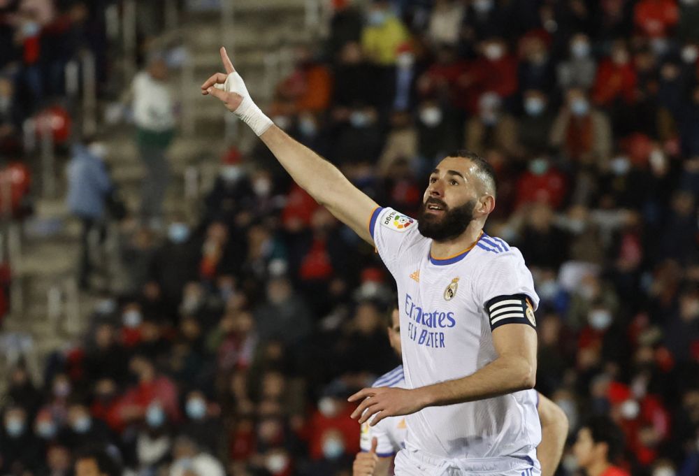 Real Madrid's Karim Benzema celebrates scoring their third goal against Real Mallorca March 14, 2021. u00e2u20acu201d Reuters pic