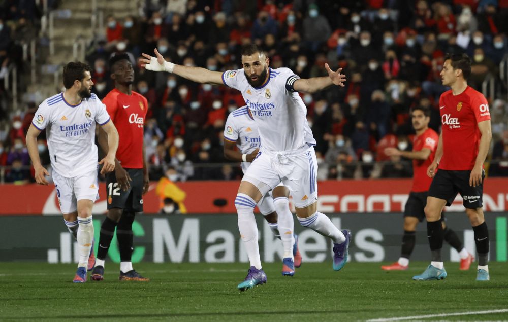 Real Madrid's Karim Benzema celebrates scoring their third goal against Real Mallorca March 14, 2021. u00e2u20acu201d Reuters pic