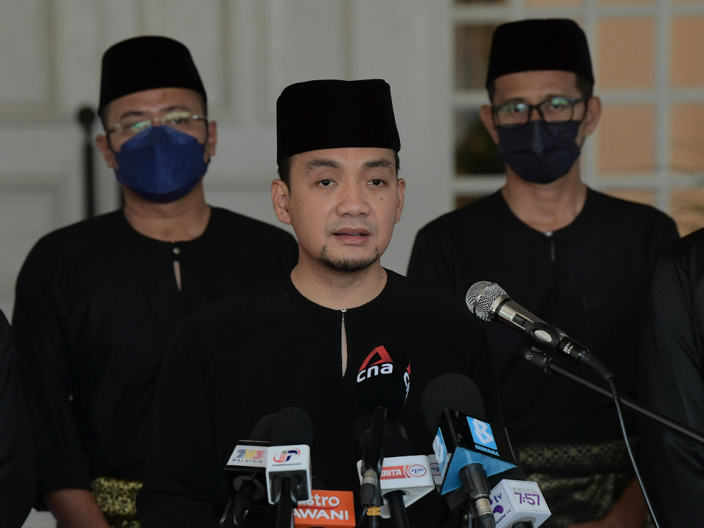 Johor Mentri Besar Datuk Onn Hafiz Ghazi speaks during a press conference announcing the portfolio line-up for the state executive council members at the Saujana in Johor Baru March 26, 2022. u00e2u20acu201d Bernama pic