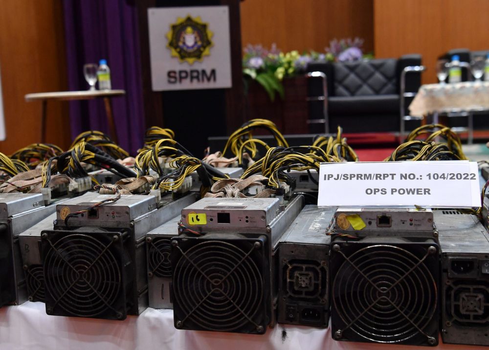 Bitcoins miners seized during a recent raid are displayed during a press conference at the MACC headquarters in Putrajaya March 1, 2022. u00e2u20acu2022 Bernama pic