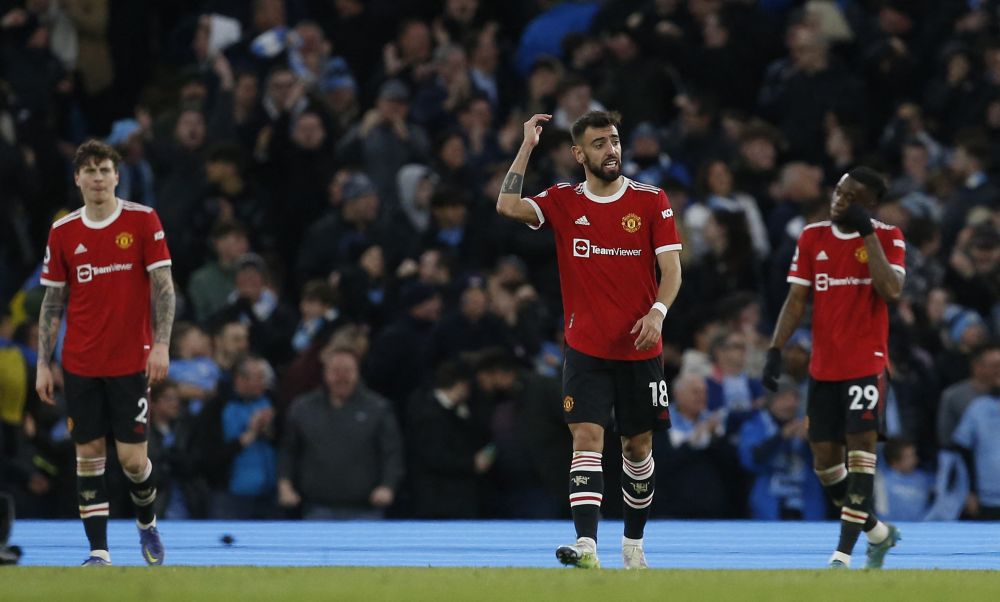 Manchester United's Bruno Fernandes looks dejected after the match against Manchester City at the Etihad Stadium, Manchester March 6, 2022. u00e2u20acu201d Reuters pic