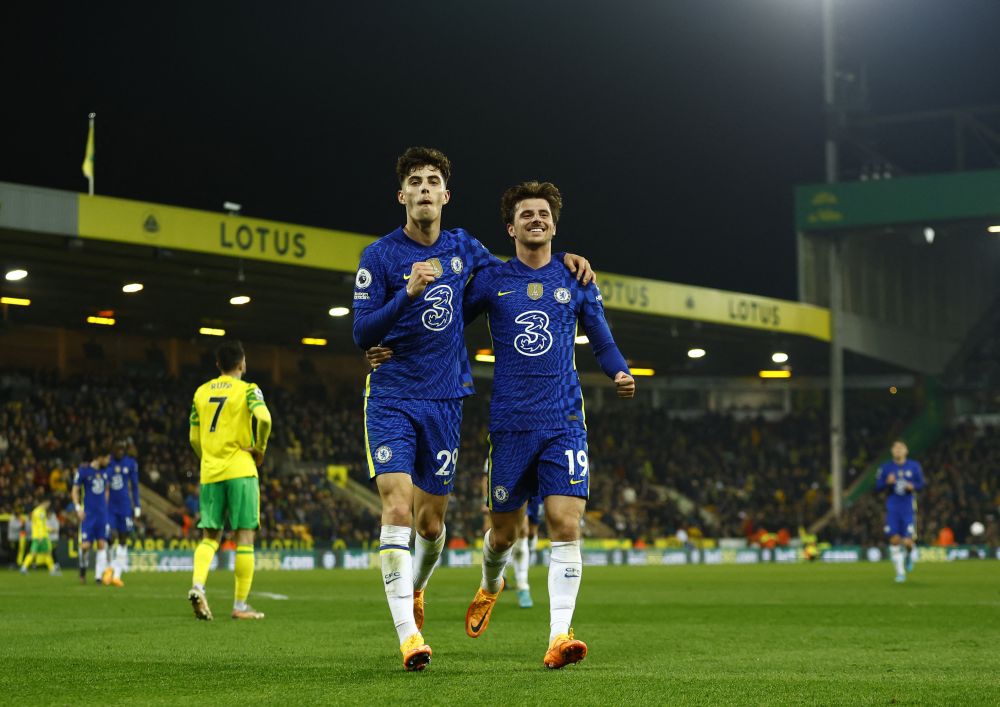 Chelsea's Kai Havertz (left) celebrates scoring their third goal against Norwich City with Mason Mount City at Carrow Road, Norwich March 10, 2022. u00e2u20acu201d Reuters pic