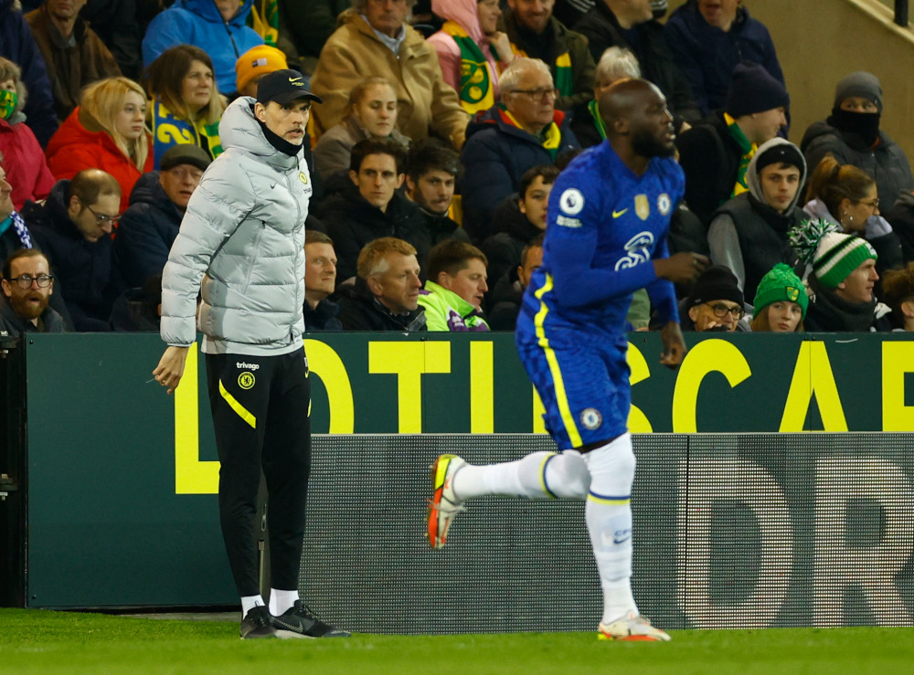 Chelsea manager Thomas Tuchel and Romelu Lukaku during the match against Norwich City at Carrow Road, Norwich, Britain, March 10, 2022. u00e2u20acu201d Action Images via Reuters