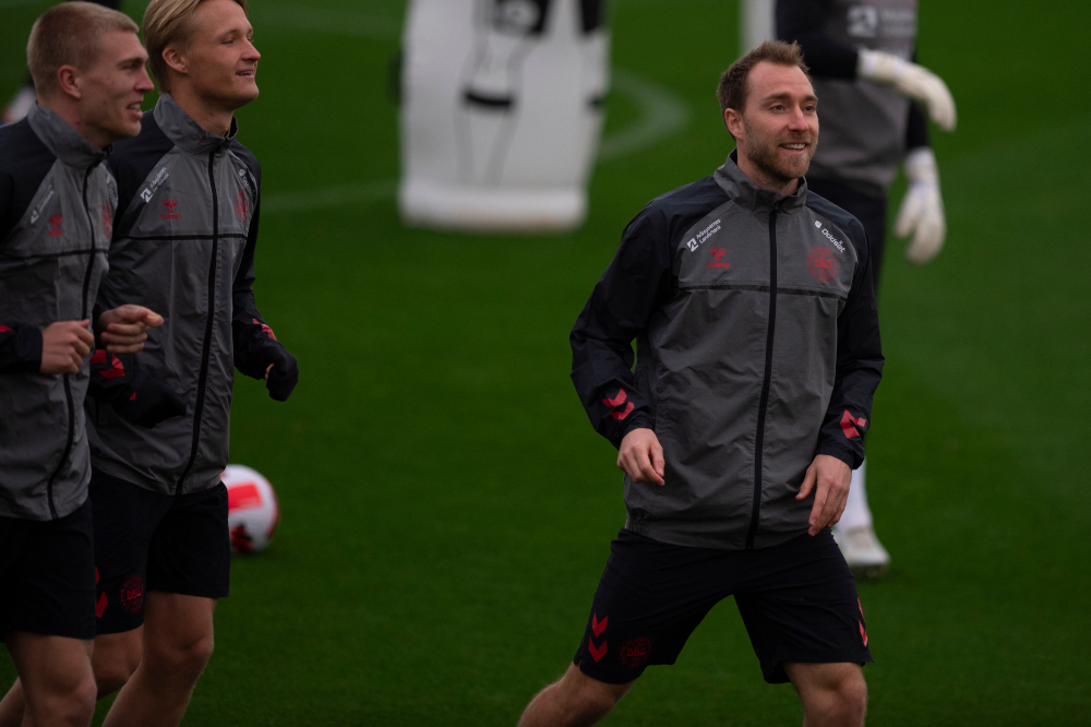 Denmarku00e2u20acu2122s midfielder Christian Eriksen takes part in a training session at the Marbella Football Centre in San Pedro de Alcantara, March 24, 2022, ahead of their friendly football match against Netherlands. u00e2u20acu2022 AFP picn