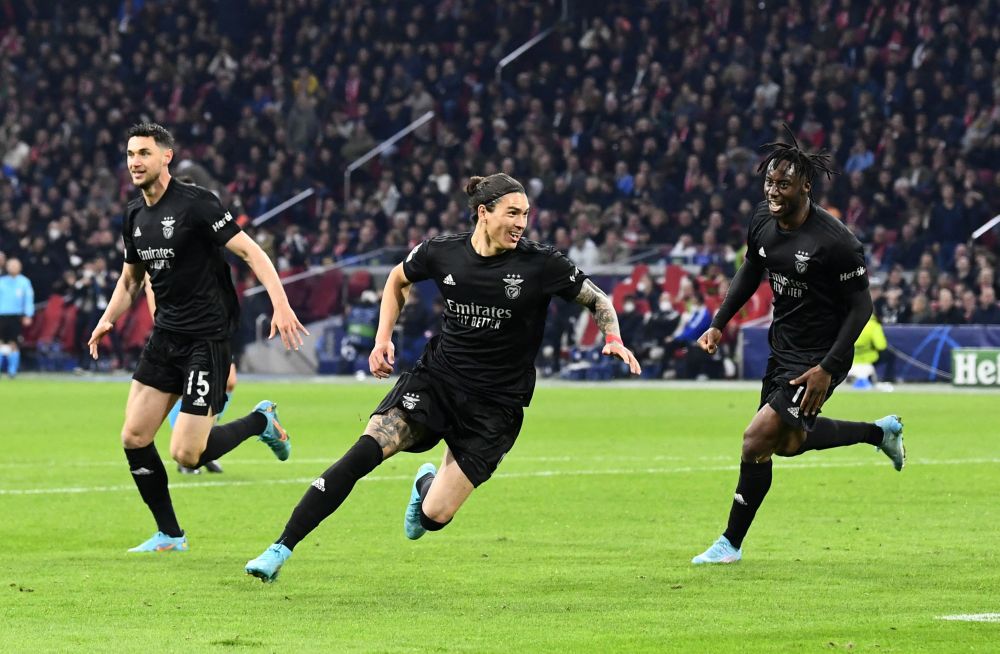 Benfica's Darwin Nunez (centre) celebrates scoring their first goal against Ajax at the Johan Cruijff Arena, Amsterdam March 15, 2022. u00e2u20acu201d Reuters pic
