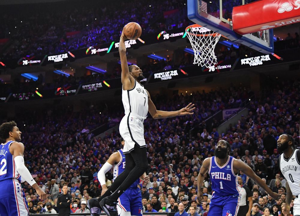 Brooklyn Nets forward Kevin Durant (7) dunks against the Philadelphia 76ers during the first quarter at Wells Fargo Centre in Philadelphia March 10, 2022. u00e2u20acu201d Reuters pic