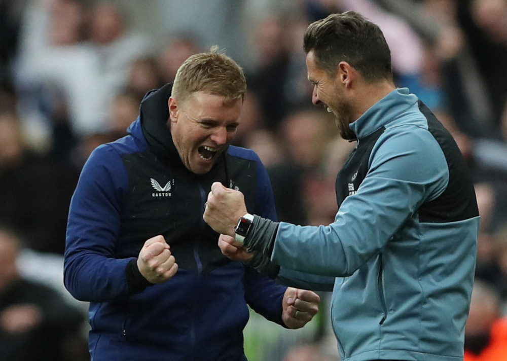 Newcastle United manager Eddie Howe celebrates with assistant head coach Jason Tindall after the match against Brighton & Hove Albion at St Jamesu00e2u20acu2122 Park, Newcastle, Britain, March 5, 2022. u00e2u20acu201d Reuters pic  
