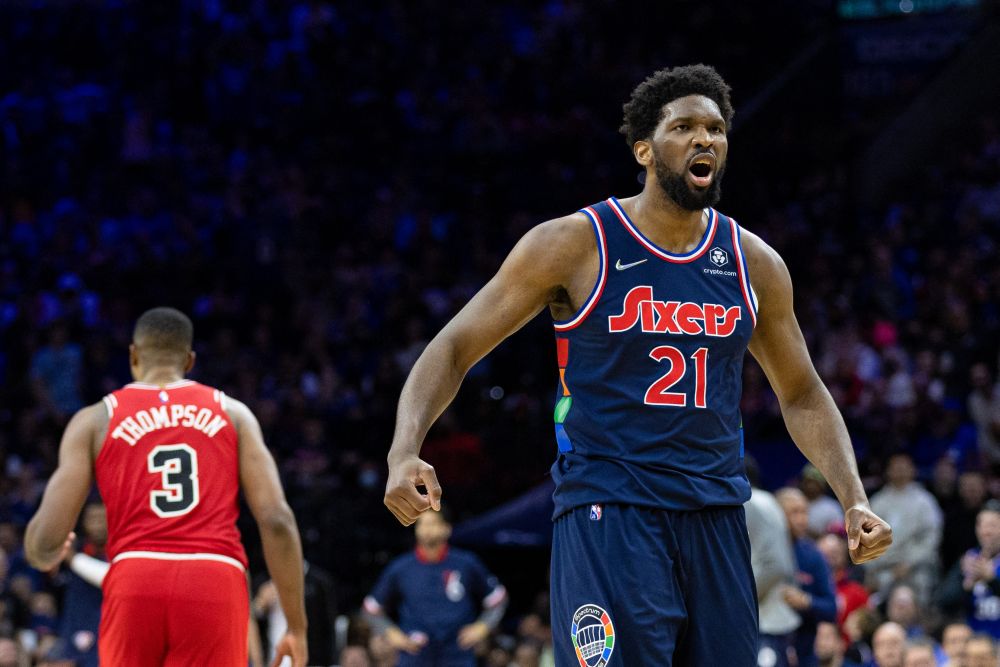 Philadelphia 76ers center Joel Embiid (21) reacts after a score against the Chicago Bulls during the fourth quarter at Wells Fargo Centre, Philadelphia March 7, 2022. u00e2u20acu201d Reuters pic