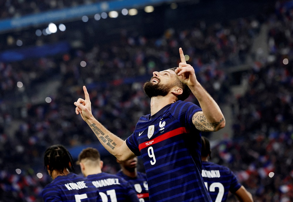 France's Olivier Giroud celebrates after scoring the first goal against Ivory Coast March 26, 2022. u00e2u20acu2022 Reuters pic