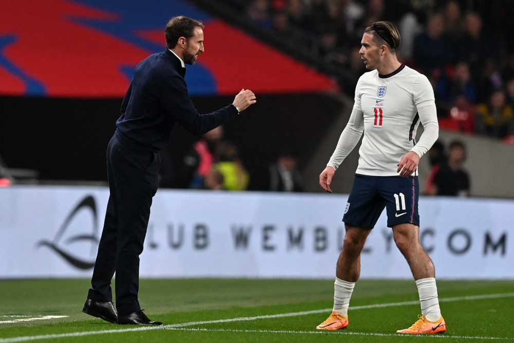 England manager Gareth Southgate gives instructions to midfielder Jack Grealish during the international friendly between England and Ivory Coast at Wembley stadium in north London, March 29, 2022. u00e2u20acu201d AFP pic
