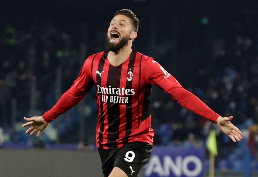 AC Milan's Olivier Giroud celebrates scoring their first goal against Napoli at Stadio Diego Armando Maradona, Naples March 6, 2022. u00e2u20acu201d Reuters pic