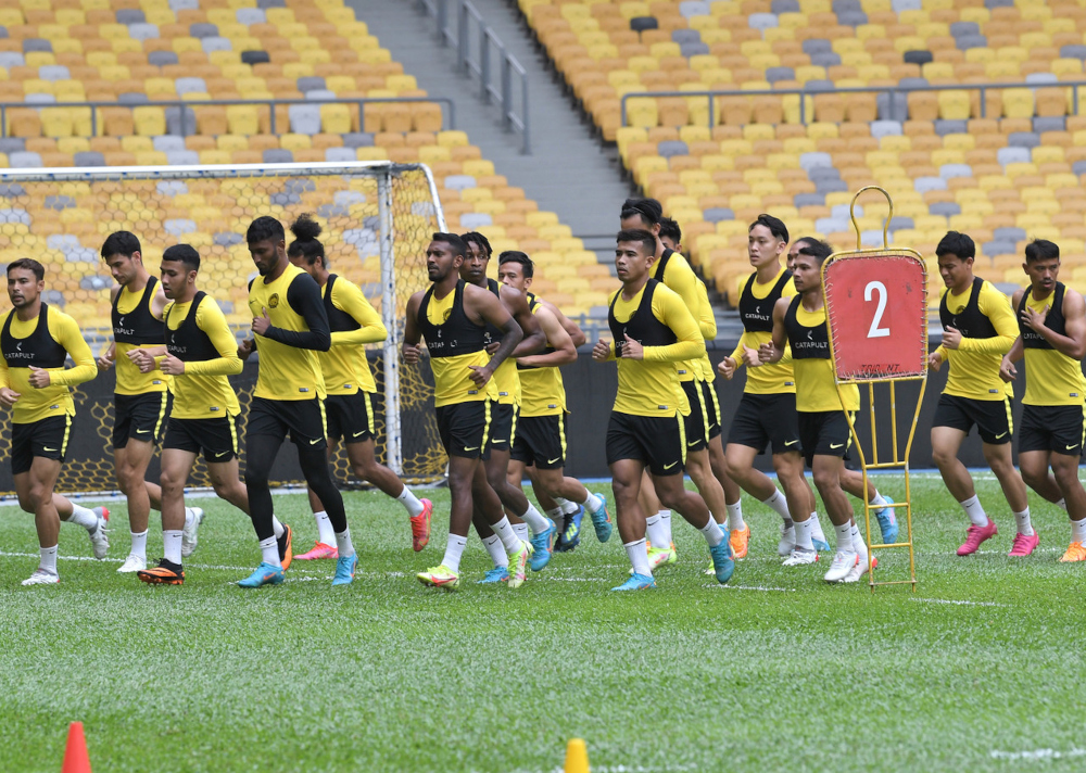 The Harimau Malaya squad undergoes training at the Bukit Jalil National Stadium, March 17, 2022. u00e2u20acu201d Bernama pic 