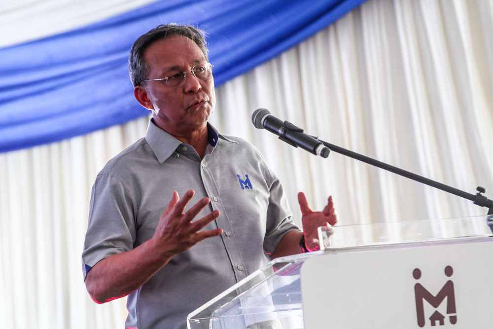 Johor caretaker Mentri Besar Datuk Hasni Mohammad gives a speech during a visit to Larkin Indah Residence in Johor Baru, March 4, 2022. u00e2u20acu2022 Picture by Hari Anggara