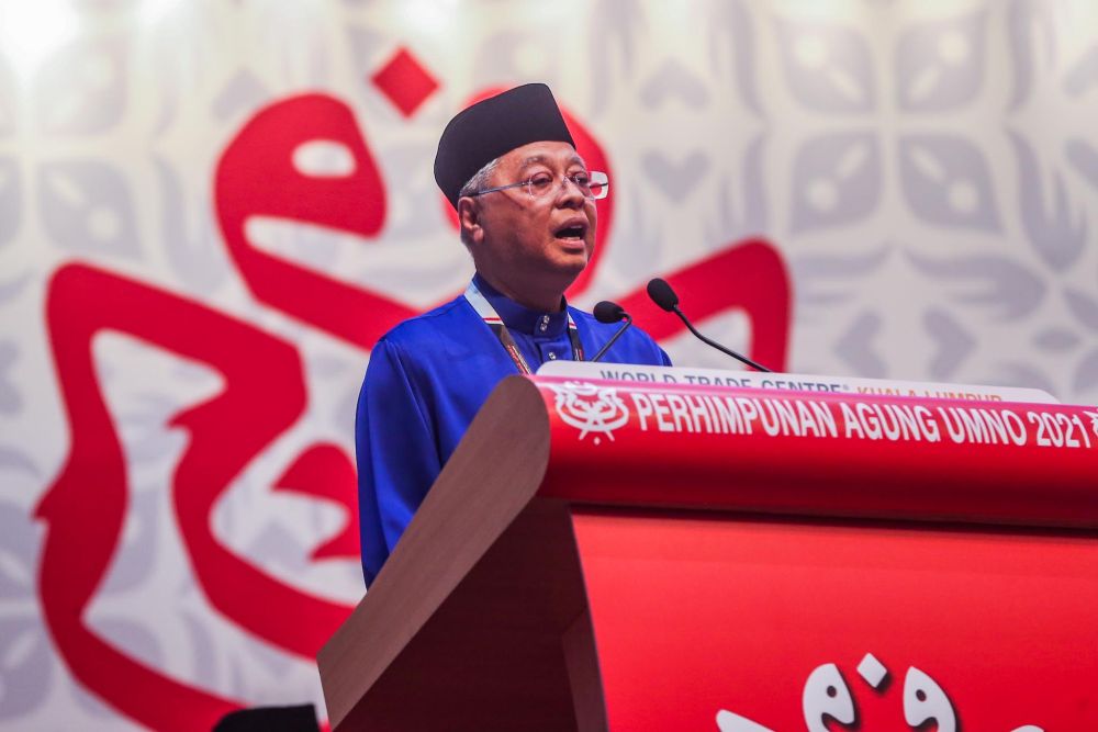 Prime Minister Datuk Seri Ismail Sabri Yaakob delivers a speech at the 2021 Umno General Assembly at World Trade Centre Kuala Lumpur March 19, 2022. u00e2u20acu201d Picture by Hari Anggara