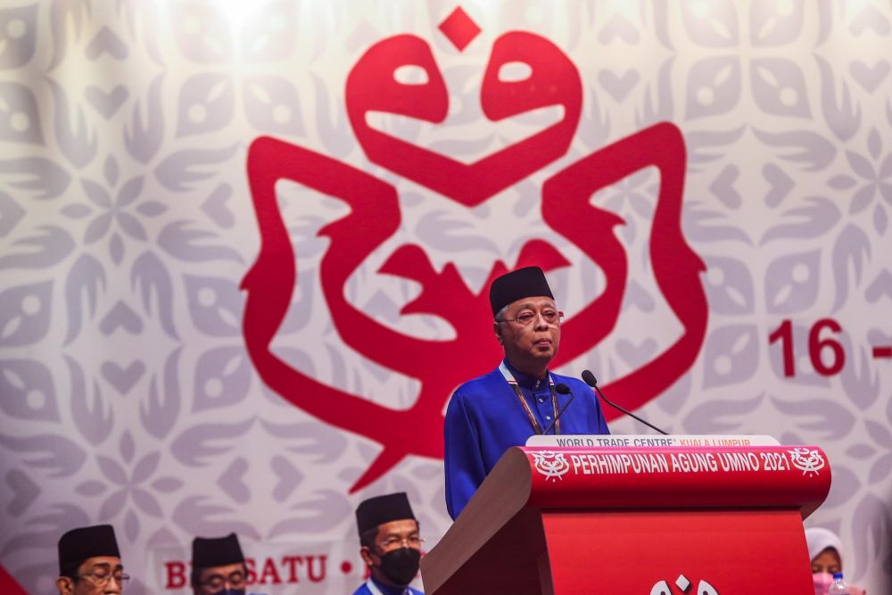 Prime Minister Datuk Seri Ismail Sabri Yaakob delivers a speech at the 2021 Umno General Assembly at World Trade Centre Kuala Lumpur March 19, 2022. u00e2u20acu201d Picture by Hari Anggara