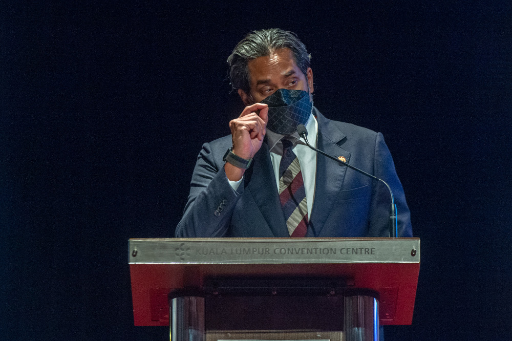 Health minister Khairy Jamaluddin delivers a speech at the book launch of u00e2u20acu02dcMalaysian Healthcare: Building for Future Excellence Equity and Resilienceu00e2u20acu2122 in Kuala Lumpur, March 28, 2022. u00e2u20acu201d Picture by Shafwan Zaidon 