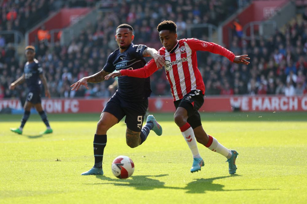 Manchester City's Gabriel Jesus in action with Southampton's Kyle Walker-Peters (right) at St Mary's Stadium, Southampton March 20, 2022. u00e2u20acu201d Reuters pic