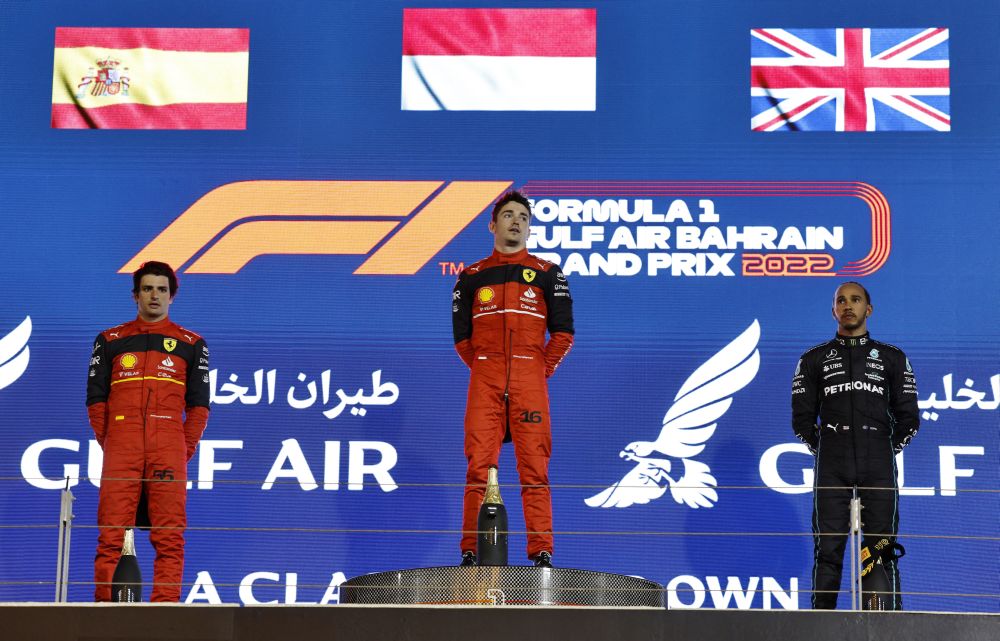 Ferrari's Charles Leclerc (centre) celebrates on the podium after winning the Bahrain Grand Prix at the Bahrain International Circuit, Sakhir March 20, 2022. u00e2u20acu201d Reuters pic
