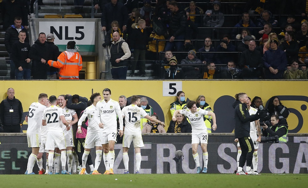 Leeds United's Luke Ayling celebrates with teammates after scoring the third goal against Wolverhampton Wanderers March 19, 2022. u00e2u20acu2022 Reuters pic