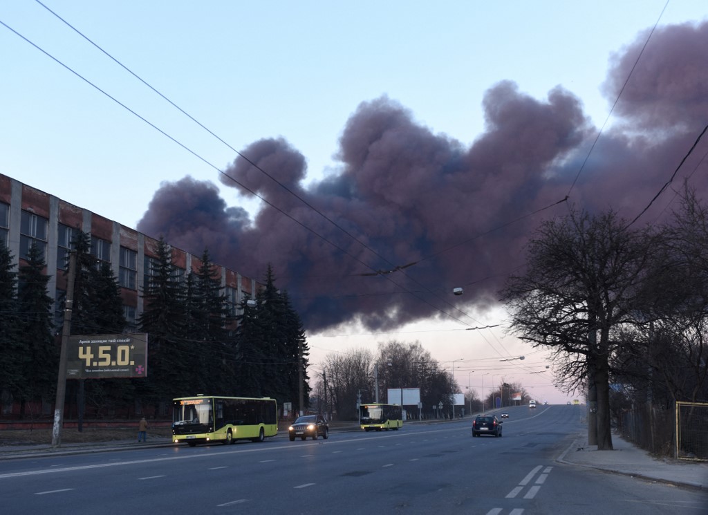 Smoke rises after an explosion in the western Ukrainian city of Lviv on March 18, 2022. u00e2u20acu201d AFP pic
