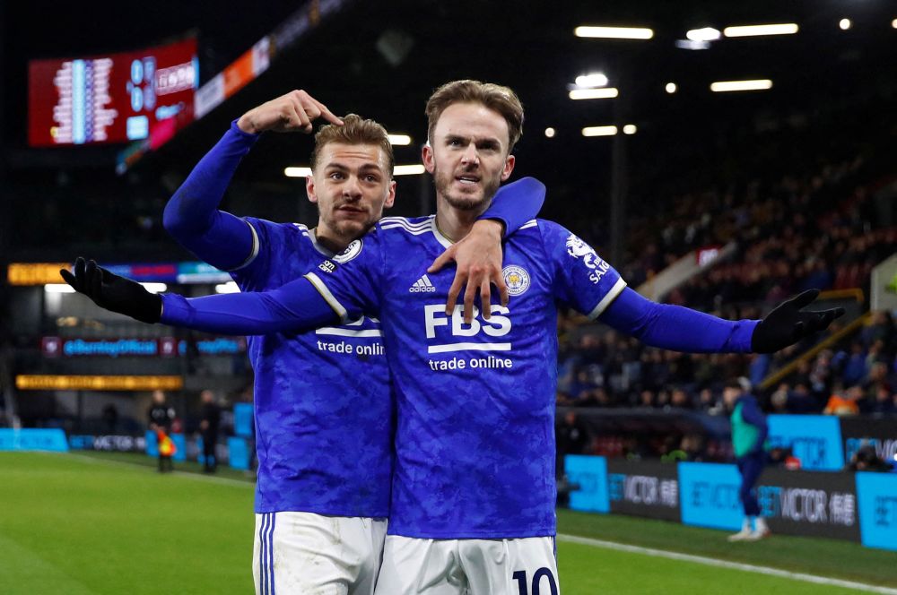 Leicester City's James Maddison celebrates scoring their first goal against Burnley with Kiernan Dewsbury-Hall at Turf Moor, Burnley March 1, 2022. u00e2u20acu201d Reuters pic