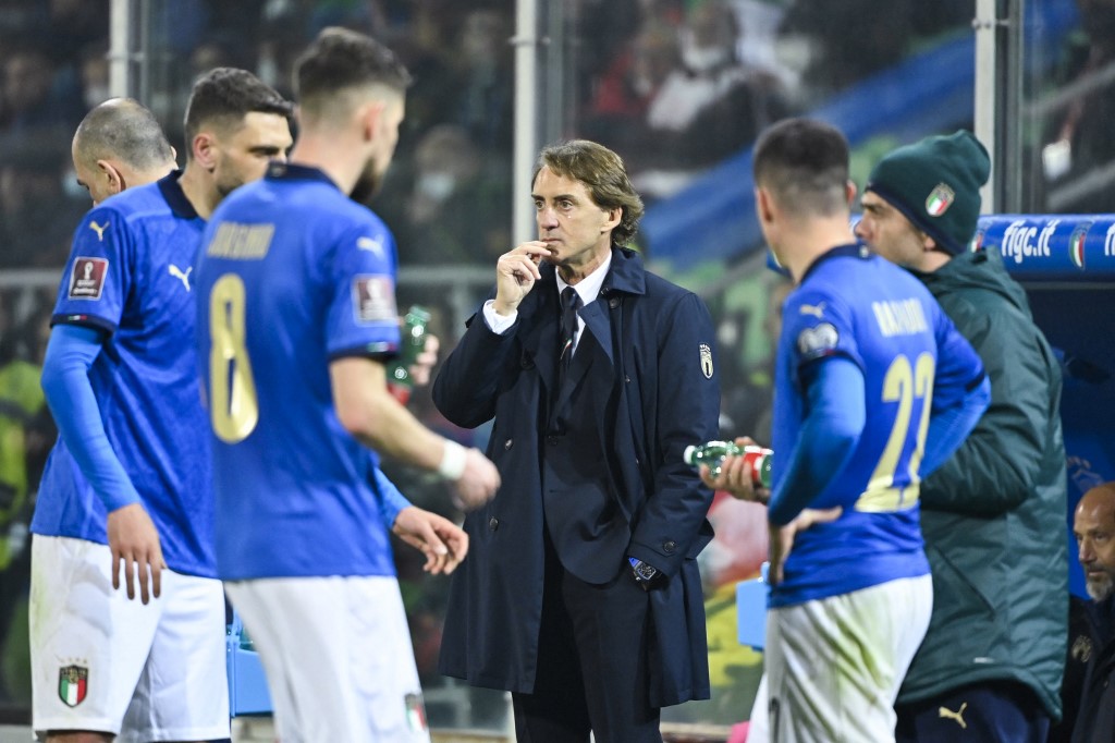 Italyu00e2u20acu2122s coach Roberto Mancini reacts at the end of the 2022 World Cup qualifying play-off match between Italy and North Macedonia, on March 24, 2022 at the Renzo-Barbera stadium in Palermo. u00e2u20acu201d AFP pic