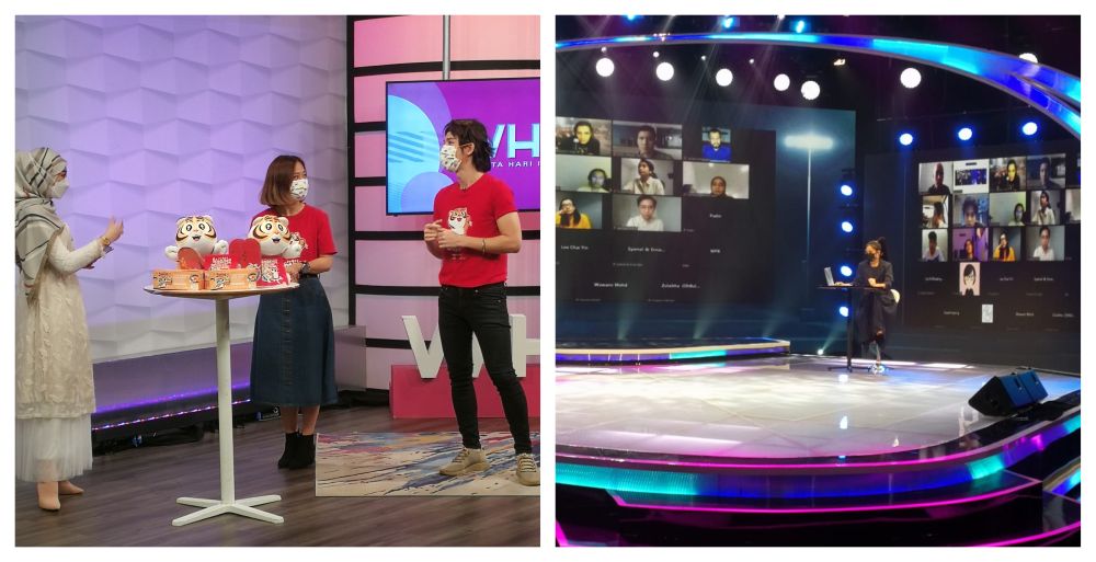 Guests in red (left pic) masked up for the u00e2u20acu02dcWanita Hari Iniu00e2u20acu2122 show while shows on the right a host is seen with finalists from the u00e2u20acu02dcMuzik-Muzik 36u00e2u20acu2122 show. u00e2u20acu201d Pictures courtesy of Media Prima