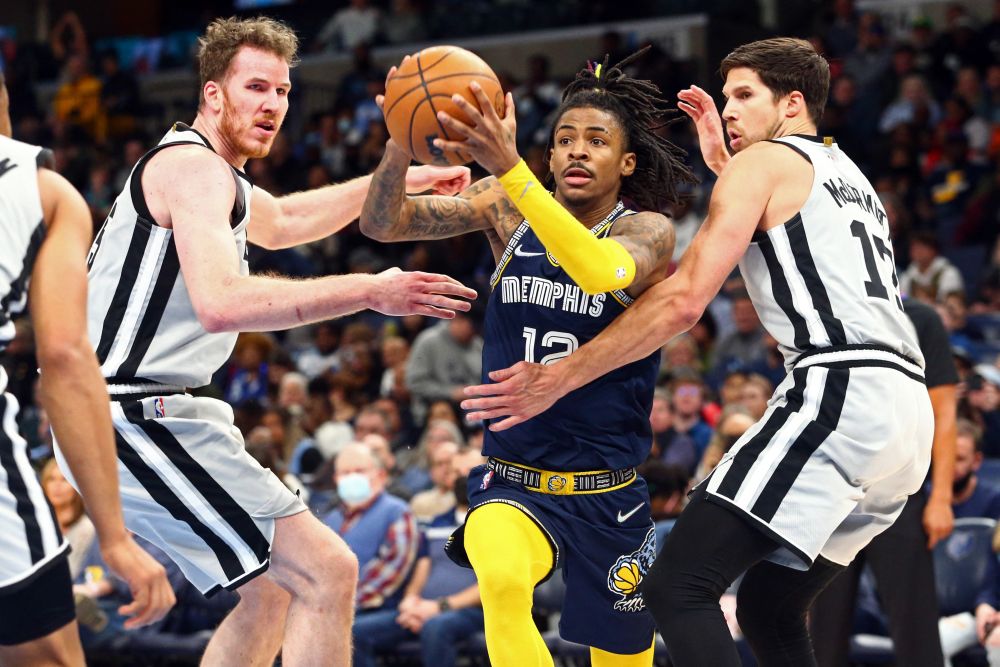 Memphis Grizzles guard Ja Morant (12) drives to the basket as San Antonio Spurs centre Jakob Poeltl (25) and San Antonio Spurs forward Doug McDermott (17) defend during the second half at FedExForum, Memphis February 28, 2022. u00e2u20acu2022 Reuters pic