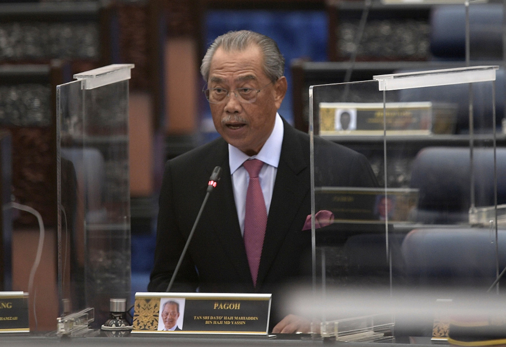 National Recovery Council chairman Tan Sri Muhyiddin Yassin speaks at the Dewan Rakyat, March 7, 2022. u00e2u20acu201d Bernama pic 