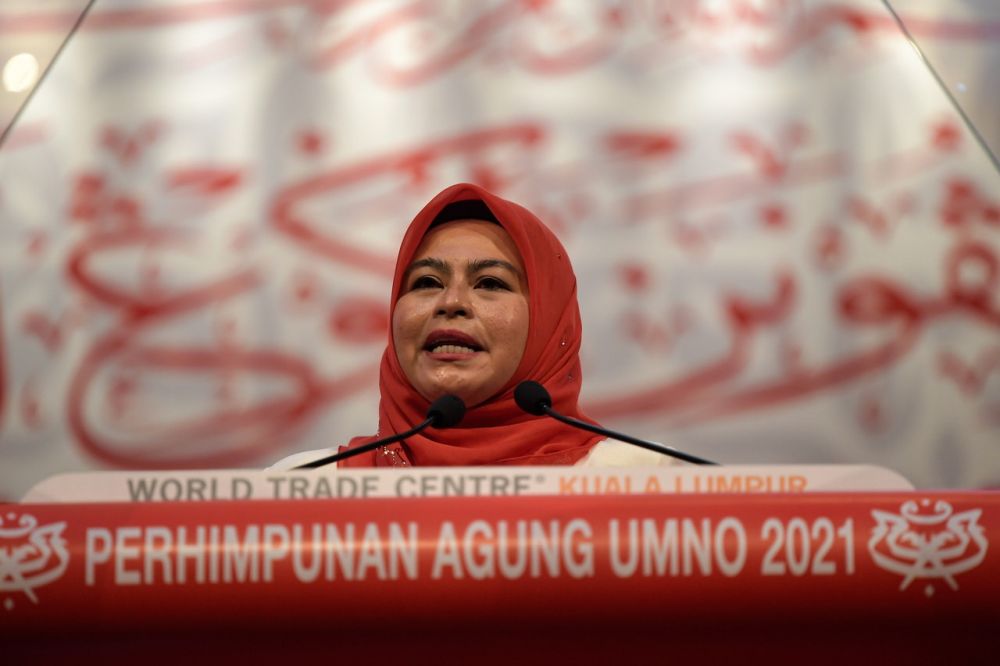 Wanita Umno chief Datuk Seri Noraini Ahmad delivers her speech during the 2021 Umno General Assembly in Kuala Lumpur March 17, 2022. u00e2u20acu201d Bernama pic