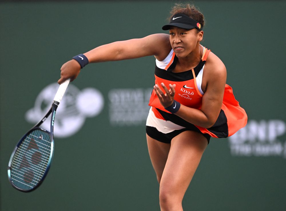 Naomi Osaka hits a shot in her first round match against Sloane Stephens at the BNP Paribas Open at the Indian Wells Tennis Garden March 10, 2022. u00e2u20acu201d Reuters pic