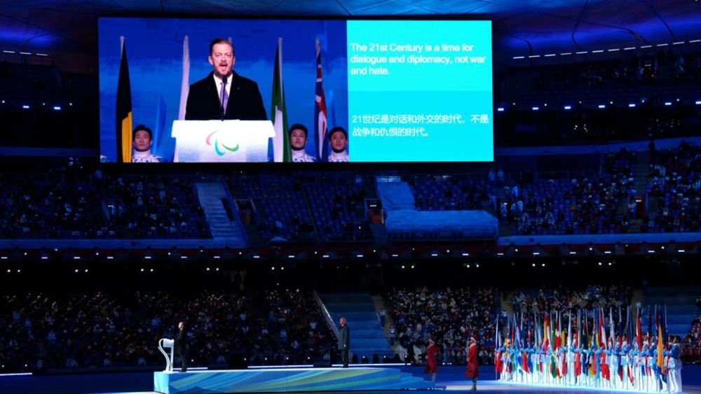 Andrew Parsons, president of the International Paralympic Committee, gave an impassioned anti-war speech to open the Games. u00e2u20acu201d AFP pic