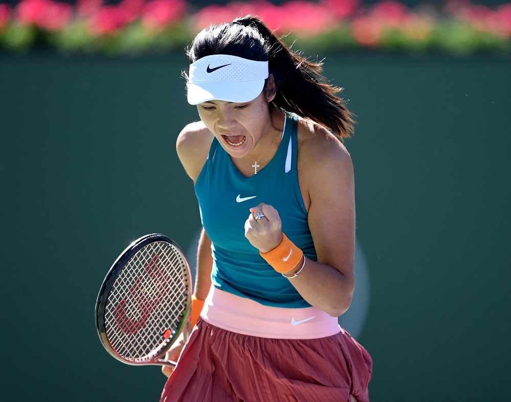 Britainu00e2u20acu2122s Emma Raducanu reacts after winning a point in action as she defeats Franceu00e2u20acu2122s Caroline Garcia in her second round match at the Indian Wells Tennis Garden March 11, 2022. u00e2u20acu2022 Jayne Kamin-Oncea-USA TODAY Sports via Reuters