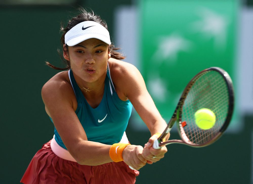Emma Raducanu plays a backhand against Petra Martic in their third round match at the BNP Paribas Open at the Indian Wells Tennis Garden, California March 13, 2022. u00e2u20acu201d Reuters pic
