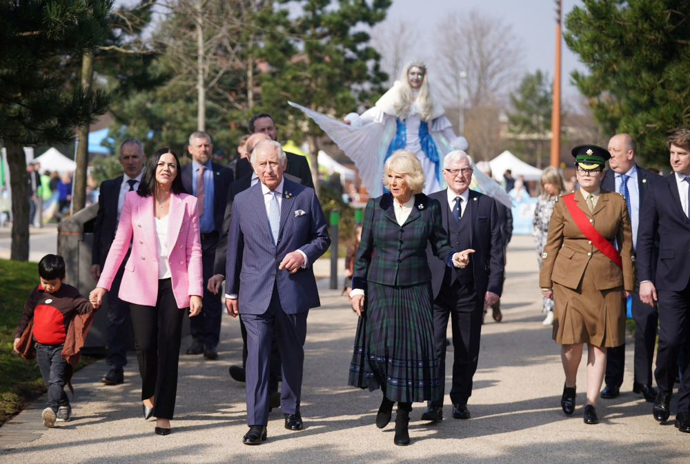 Britainu00e2u20acu2122s Prince Charles and Camilla, Duchess of Cornwall visit CS Lewis Square in Belfast, Northern Ireland, March 23, 2022. u00e2u20acu201d Niall Carson/Pool pic via Reuters 