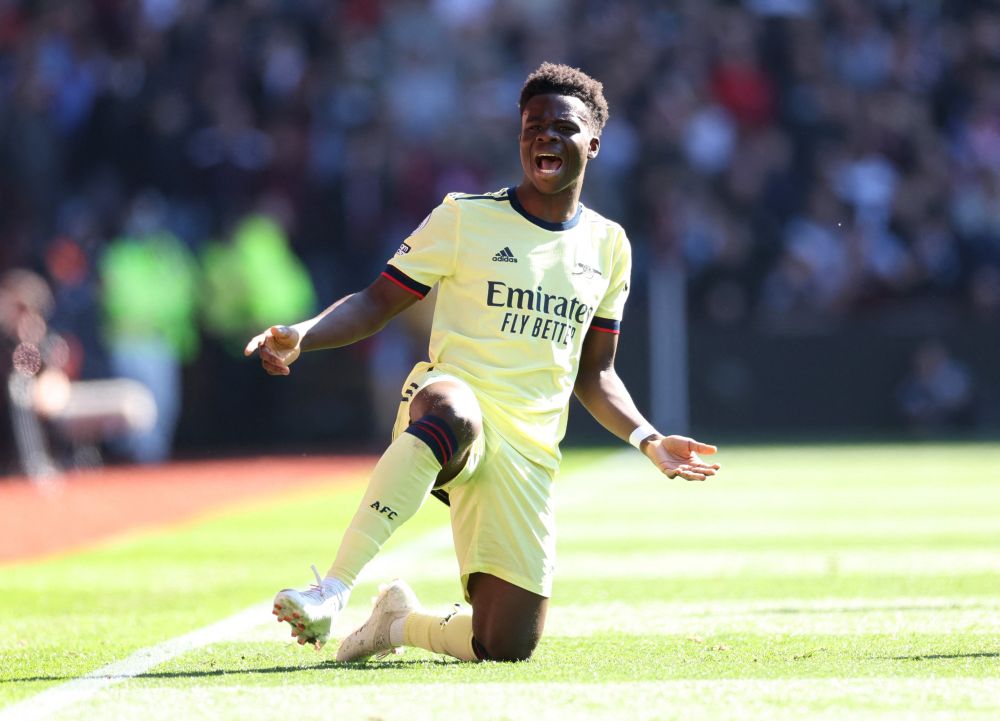 Arsenal's Bukayo Saka celebrates scoring their first goal against Aston Villa at Villa Park, Birmingham March 19, 2022. u00e2u20acu201d Reuters pic