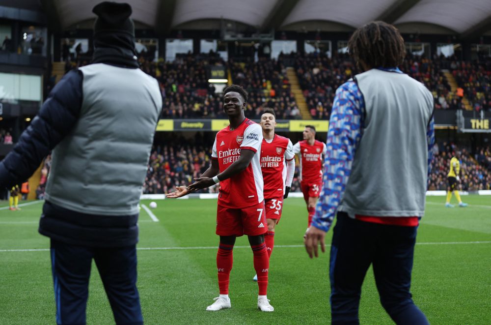 Arsenal's Bukayo Saka celebrates scoring their second goal against Watford at Vicarage Road, Watford March 6, 2022. u00e2u20acu201d Reuters picnn