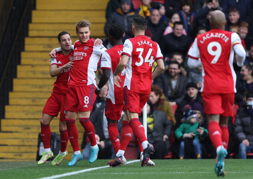 Arsenal's Martin Odegaard celebrates scoring their first goal against Watford with teammates at Vicarage Road, Watford March 6, 2022. u00e2u20acu201d Reuters pic