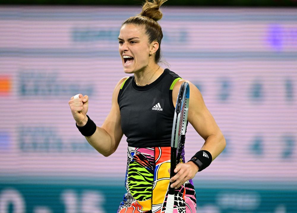 Maria Sakkari celebrates a point as she defeated Paula Badosa in her semifinal match during the BNP Paribas Open at the Indian Wells Tennis GardenMarch 18, 2022. u00e2u20acu201d Reuters pic